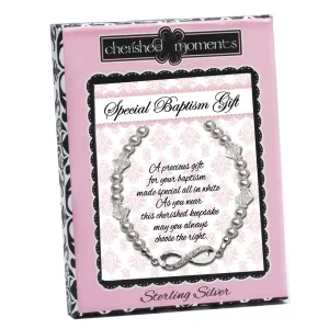 Sterling Silver LDS Baptism Infinity Bracelet with White Pearl and Crystals (6-12 years)