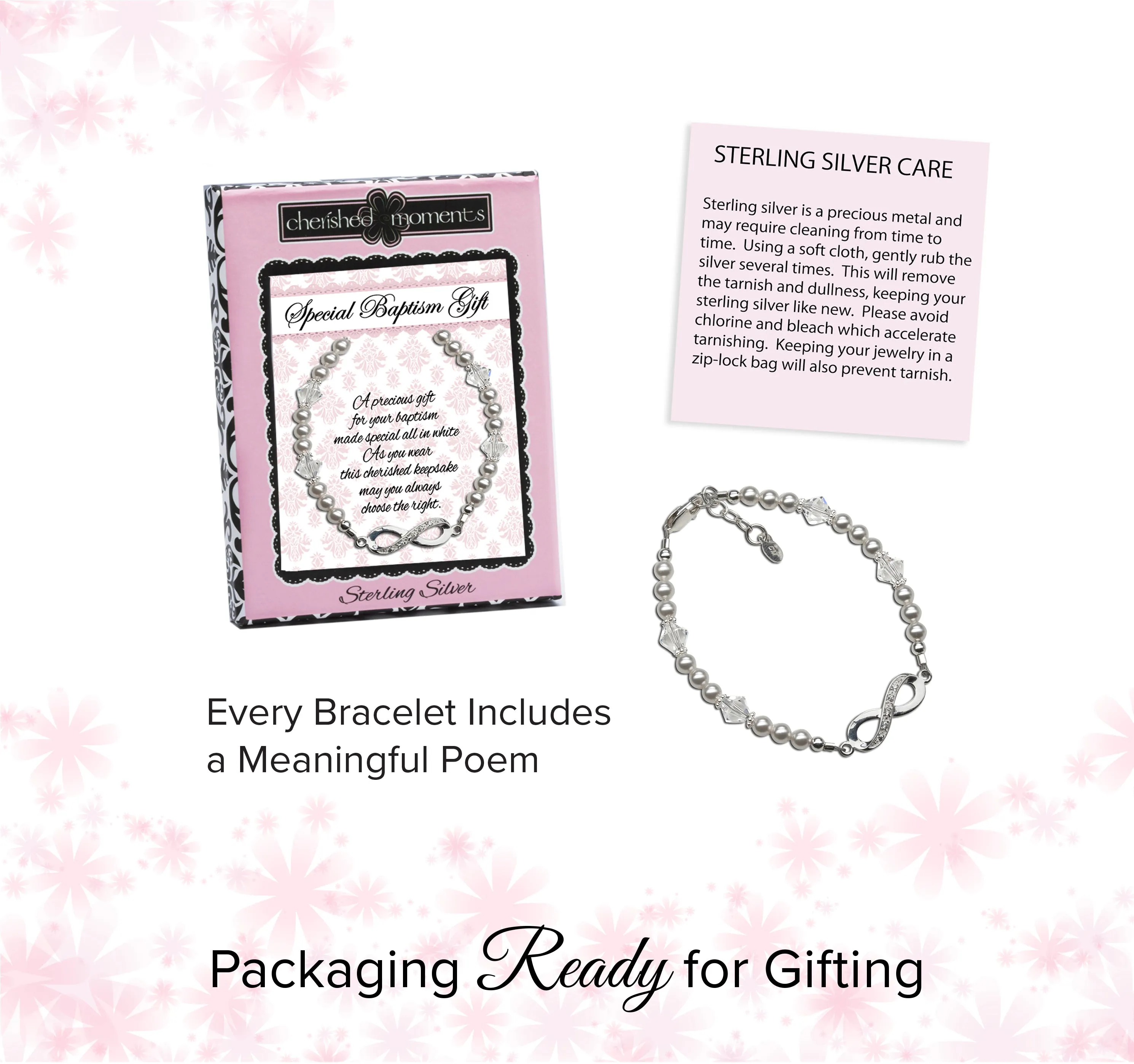 Sterling Silver LDS Baptism Infinity Bracelet with White Pearl and Crystals (6-12 years)