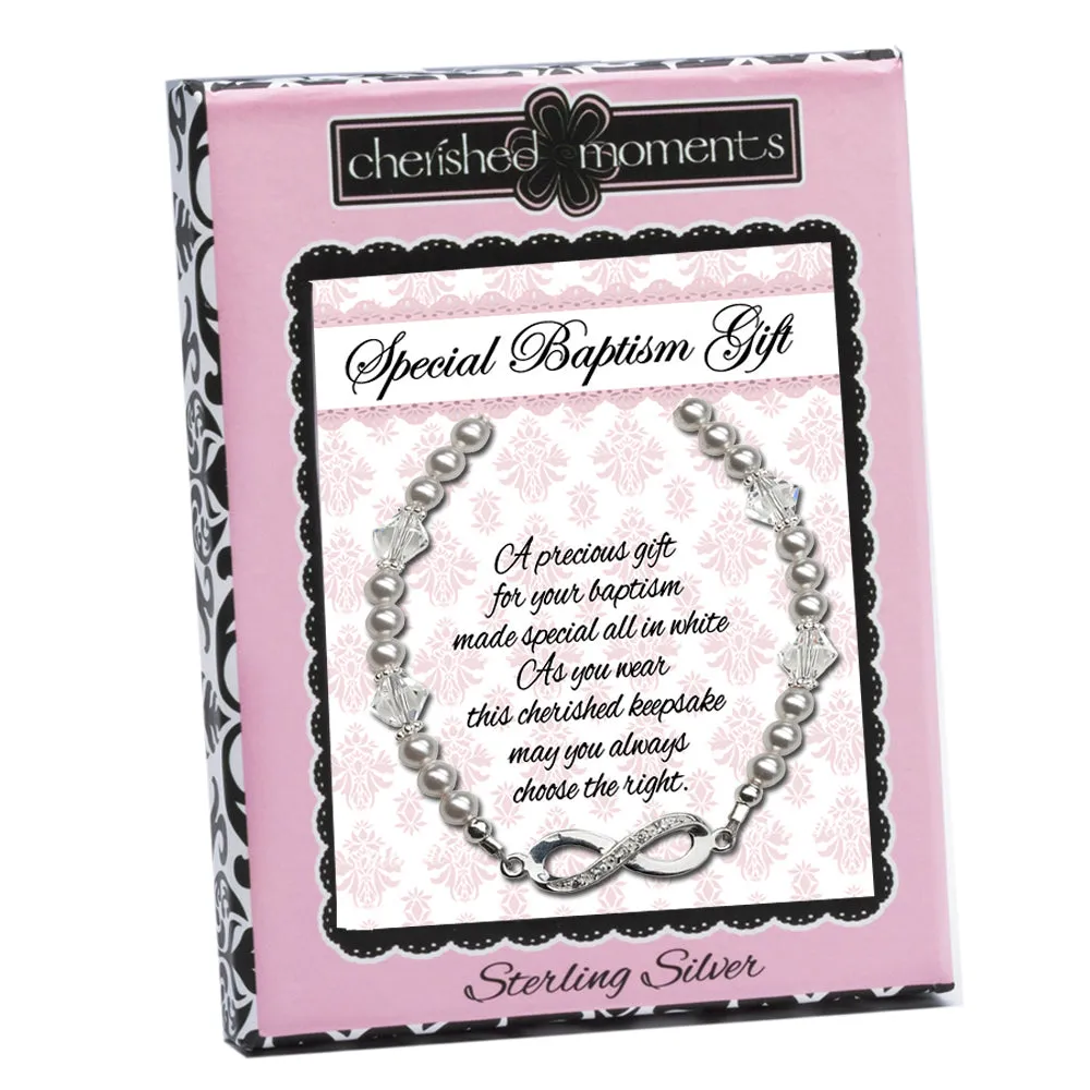Sterling Silver LDS Baptism Infinity Bracelet with White Pearl and Crystals (6-12 years)