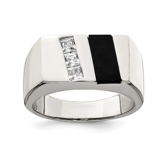 Sterling Silver Mens Onyx and CZ Ring