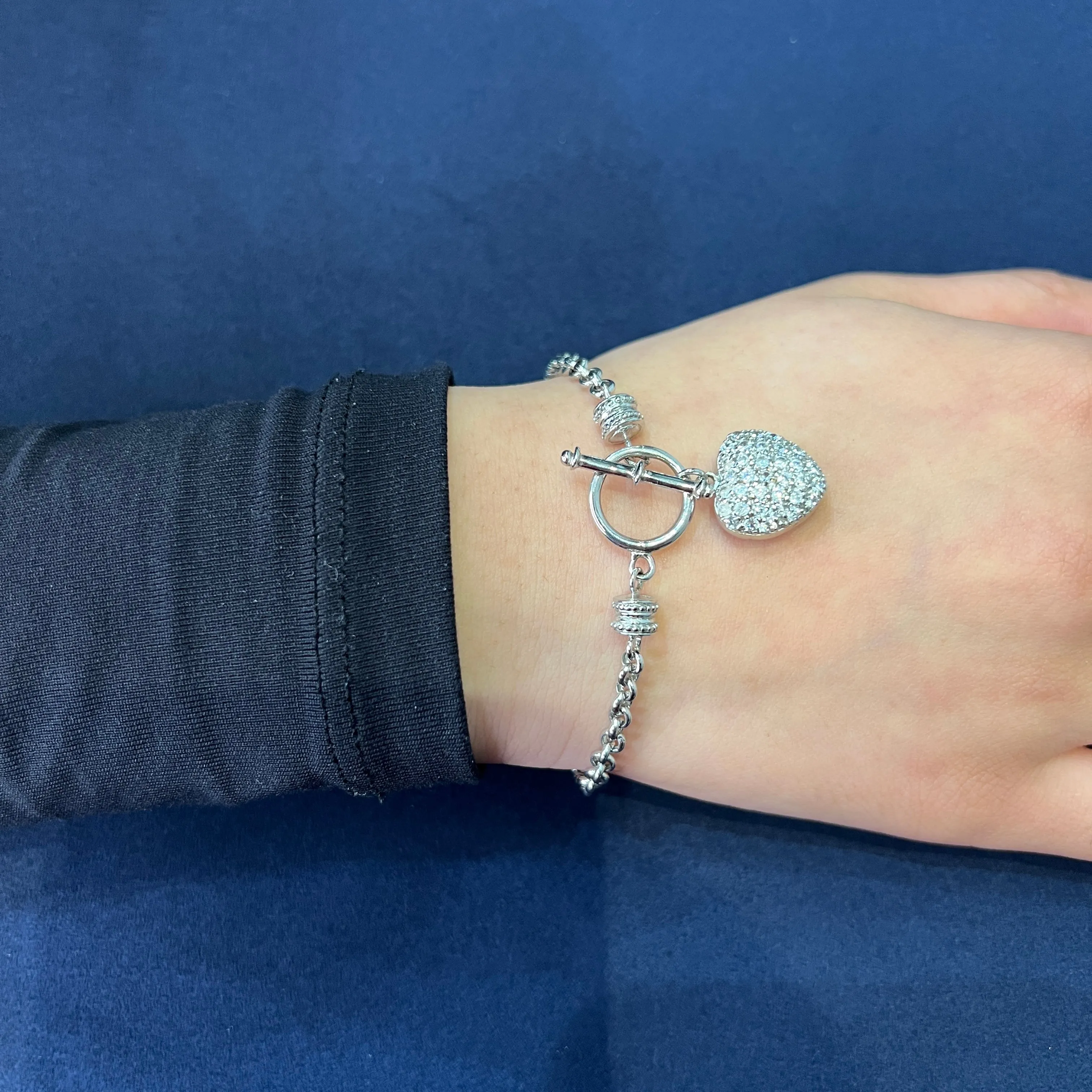 Sterling Silver Rhodium Plated CZ Heart Toggle Bracelet