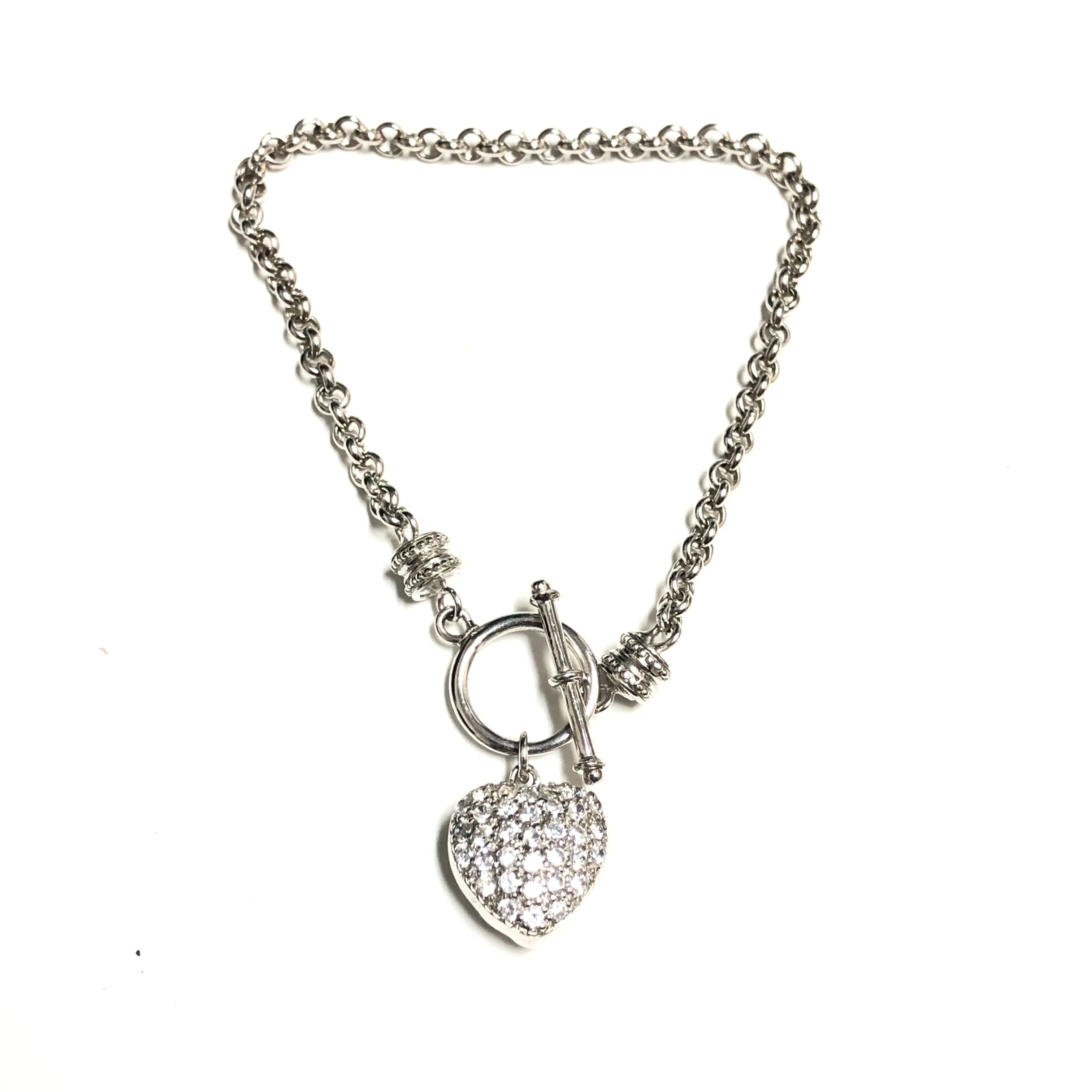 Sterling Silver Rhodium Plated CZ Heart Toggle Bracelet