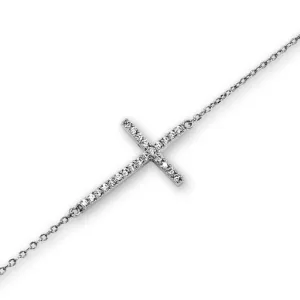 Sterling Silver Rhodium Plated CZ Sideway Cross Bracelet