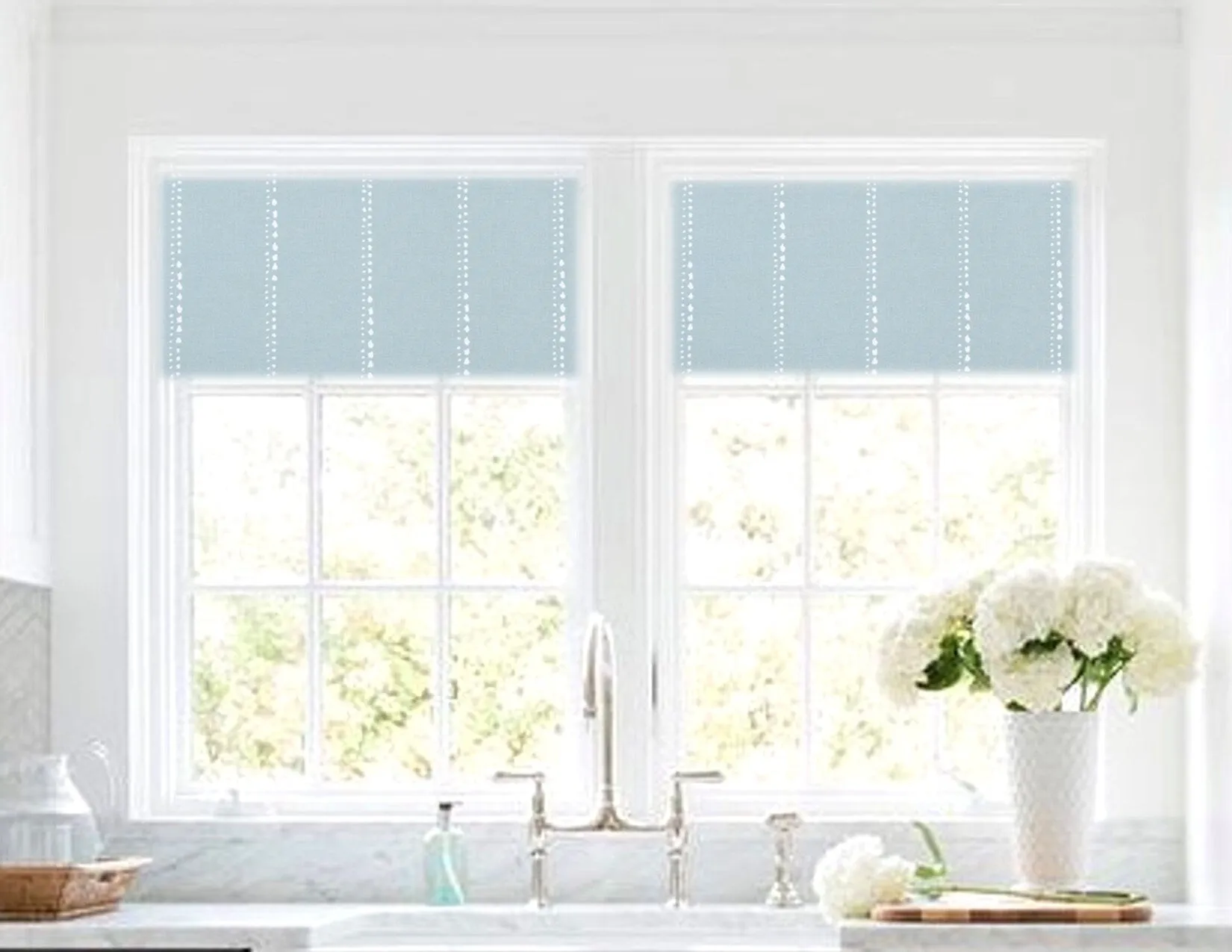 Straight Modern Valance in Dotted White Stripe on Spa Blue Fabric, 100% Cotton, Custom Made, Fully Lined, Custom Made valance window treatments