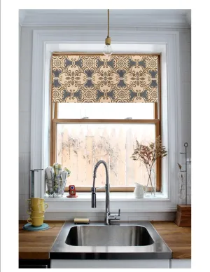 Straight Valance in Blue Spanish Tile Design in Grey and Brown Cotton Linen Fabric , Custom Made, Fully Lined