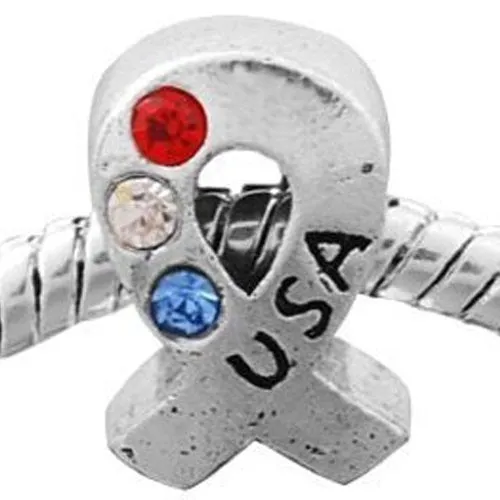 Support Our Troops Red White Blue  Crytstals Spacer European Bead Compatible for Most European Snake Chain Bracelet
