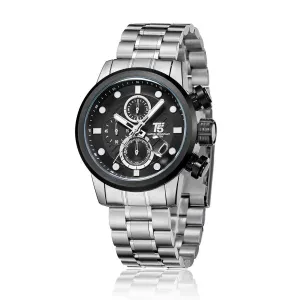 T5 Silver Stainless Steel Black Dial Chronograph Quartz Watch for Gents - H3587G-C