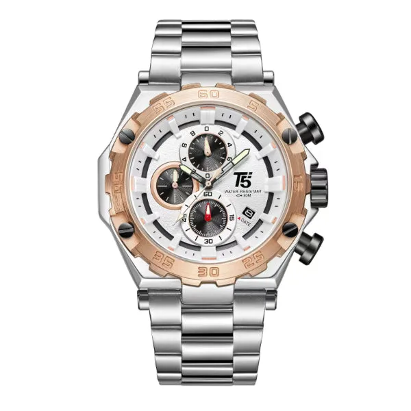 T5 Silver Stainless Steel White Dial Chronograph Quartz Watch for Gents - H3847G-A