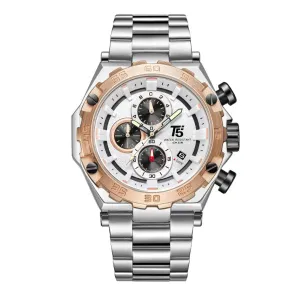 T5 Silver Stainless Steel White Dial Chronograph Quartz Watch for Gents - H3847G-A