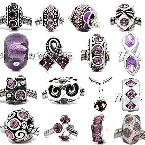 Ten (10) Purple Rhinestone Charm Beads in Assorted s for Snake Chain Charm Bracelet