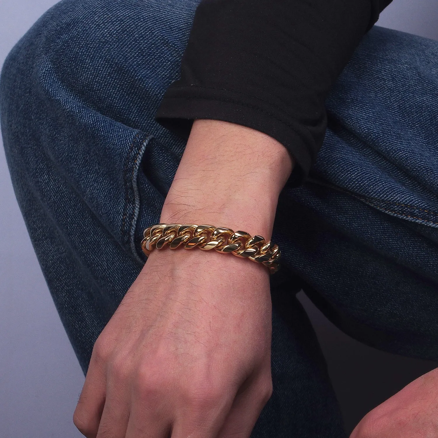 Thick Gold Miami Cuban Curb Chain Bracelet 10mm 12mm 14mm Stainless Steel Chain Men Bracelet WA1720 WA1721 WA1722