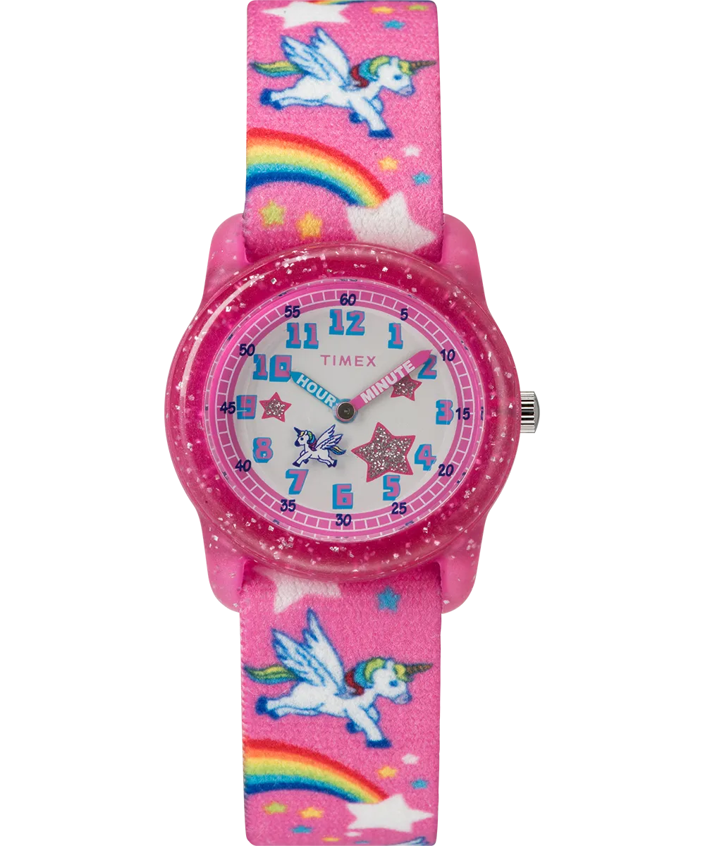 TIMEX TIME MACHINES® 29mm Rainbow Unicorn Pink Elastic Fabric Kids Watch