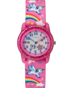 TIMEX TIME MACHINES® 29mm Rainbow Unicorn Pink Elastic Fabric Kids Watch