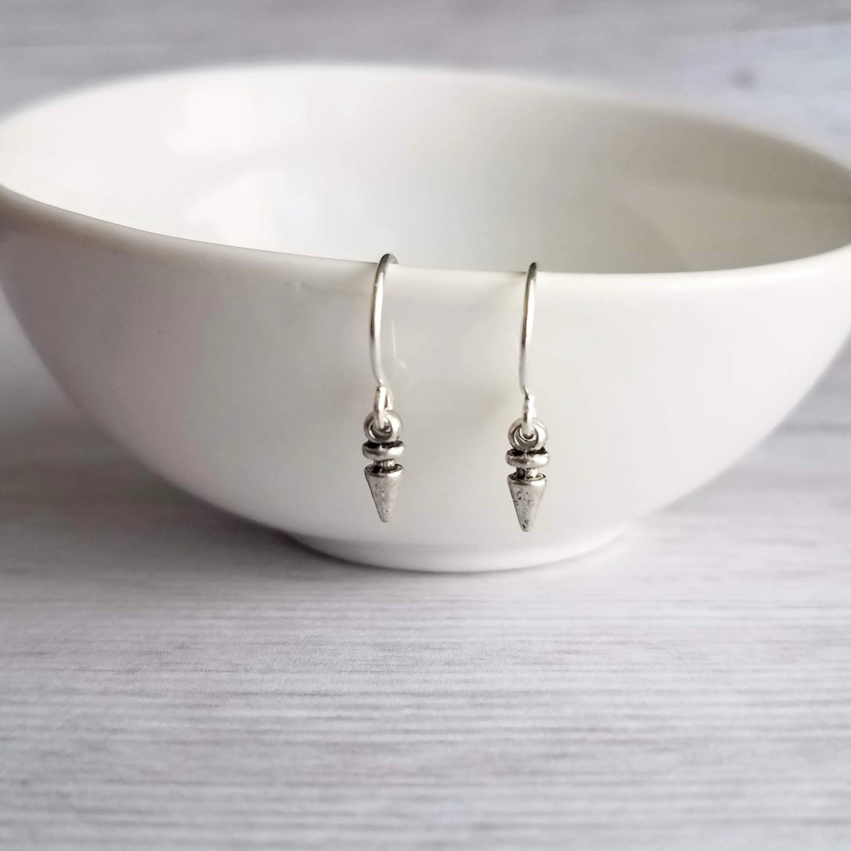 Tiny Spike Earrings, very small silver earring, silver spike earring, mini spike, silver dagger earring little silver bullet earring antique
