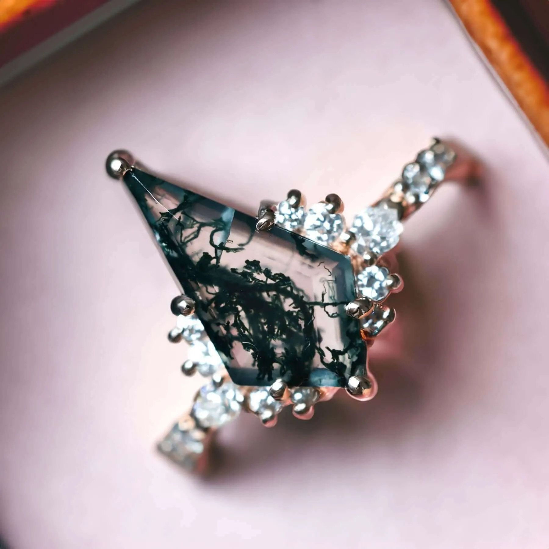 Trendolla 14K Gold Double Triangle Moss Agate And CZ Diamond Ring Set