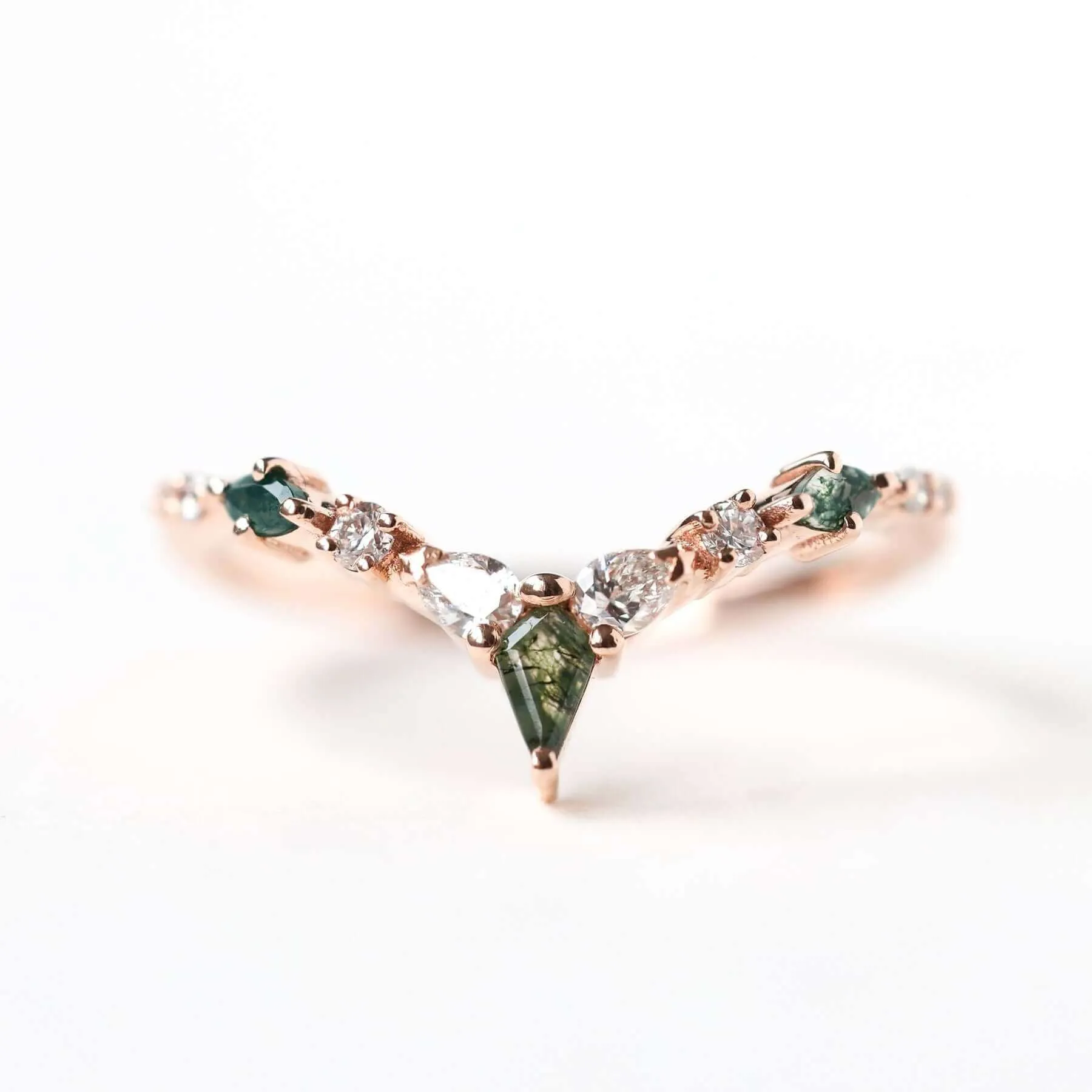 Trendolla 14K Gold Double Triangle Moss Agate And CZ Diamond Ring Set
