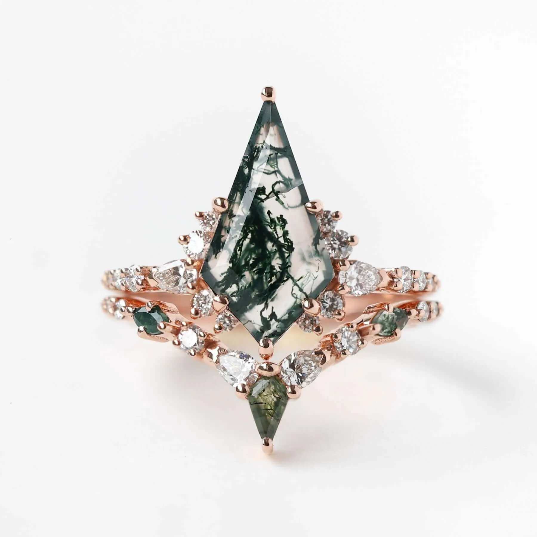 Trendolla 14K Gold Double Triangle Moss Agate And CZ Diamond Ring Set