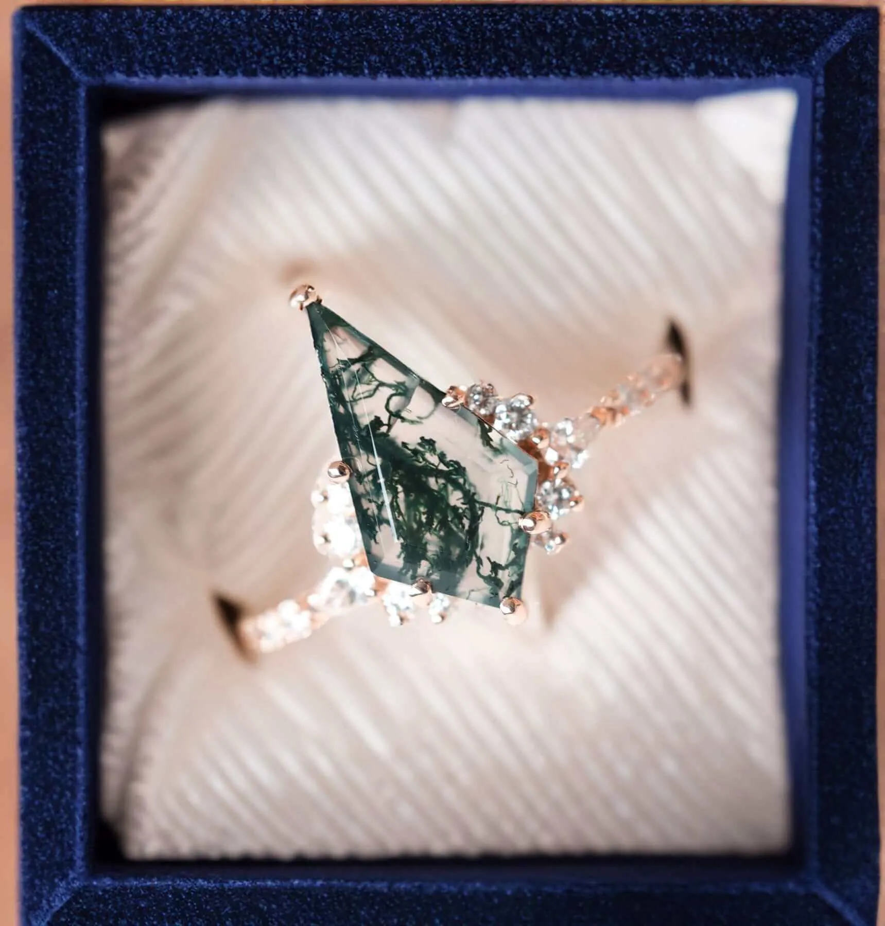 Trendolla 14K Gold Double Triangle Moss Agate And CZ Diamond Ring Set
