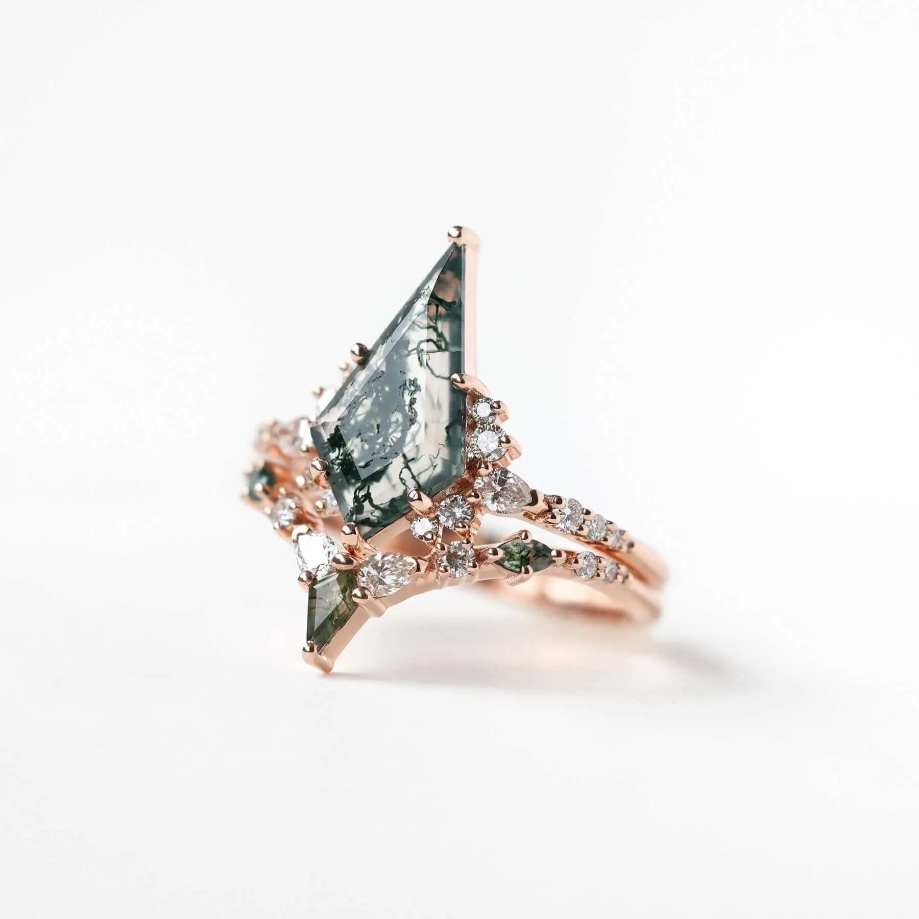 Trendolla 14K Gold Double Triangle Moss Agate And CZ Diamond Ring Set