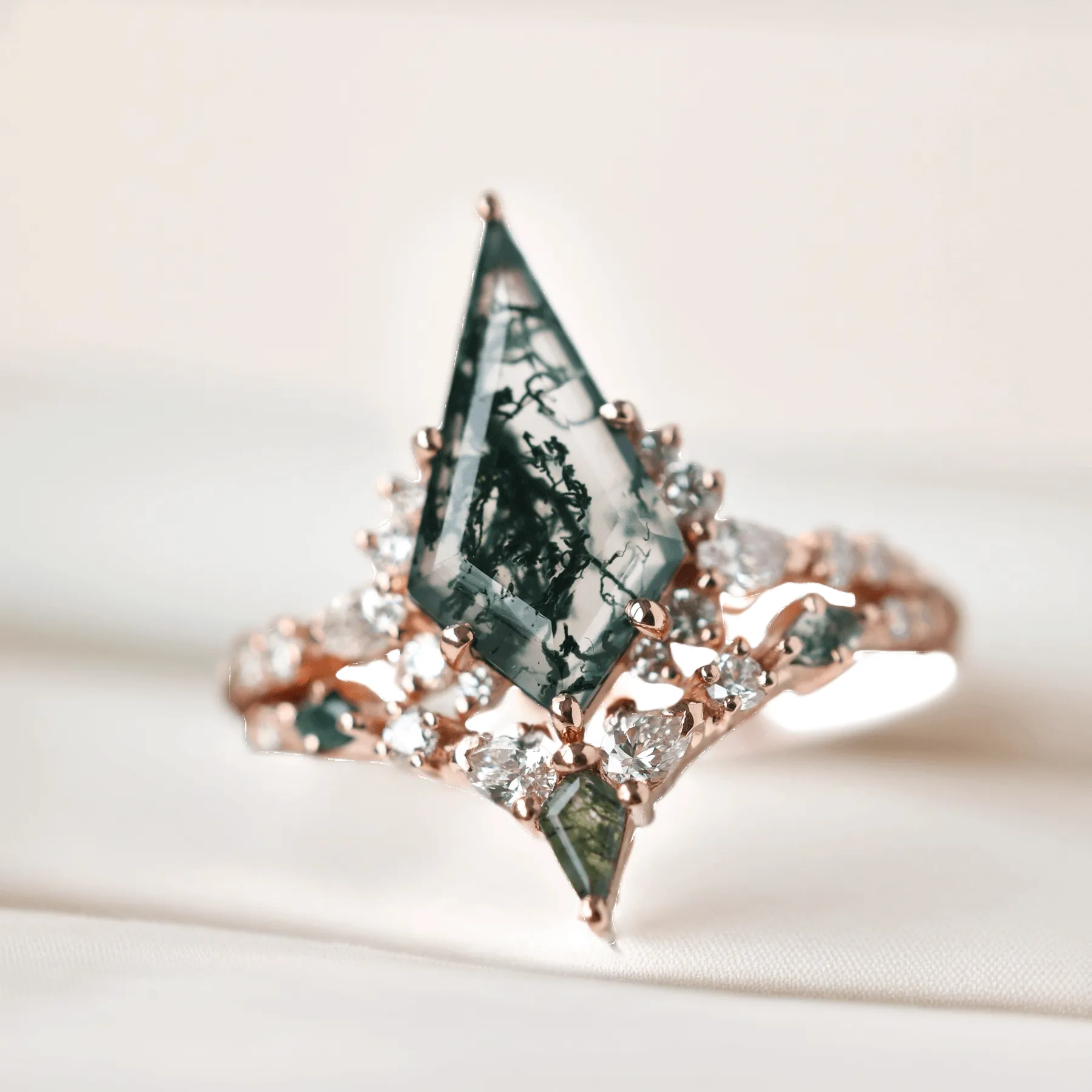 Trendolla 14K Gold Double Triangle Moss Agate And CZ Diamond Ring Set