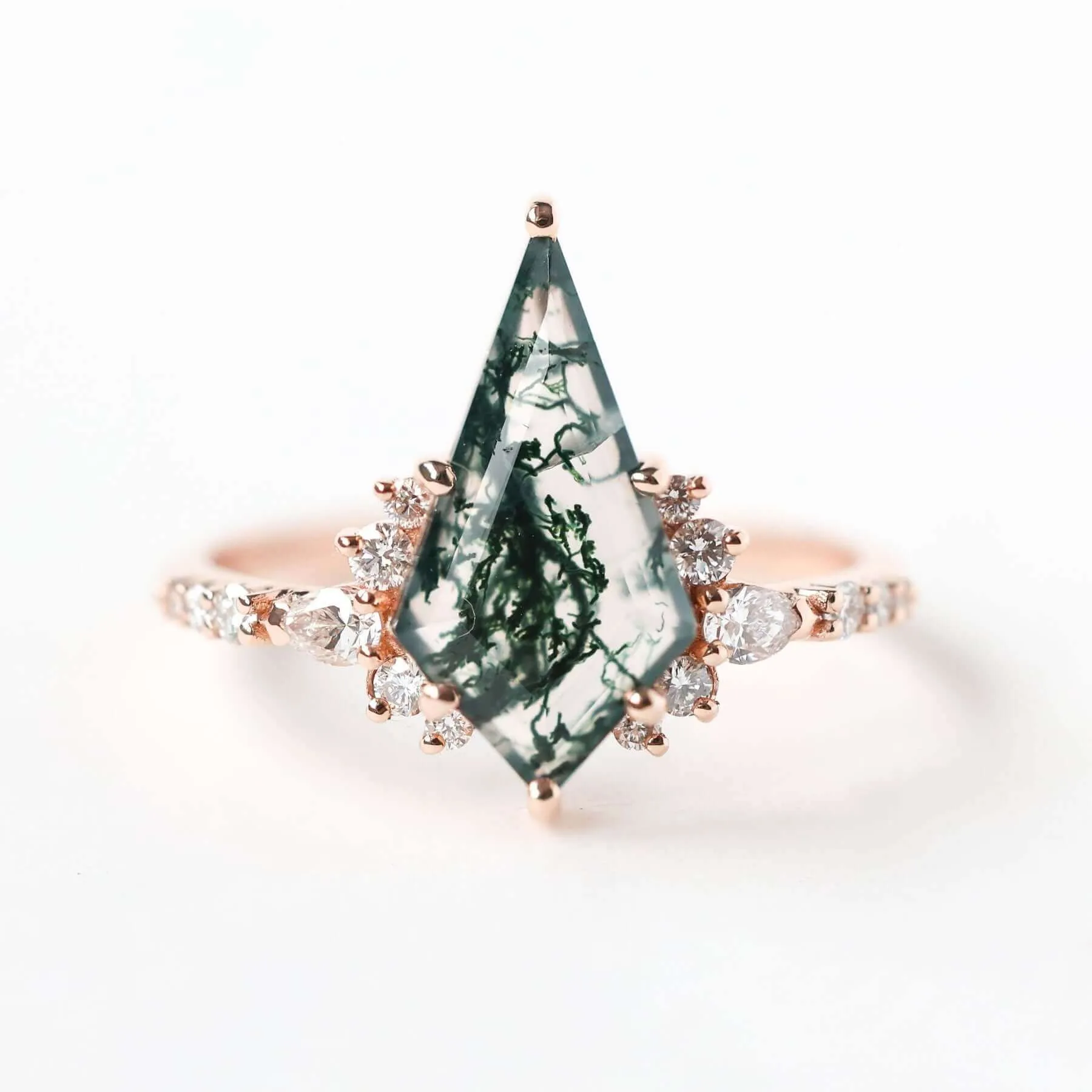 Trendolla 14K Gold Double Triangle Moss Agate And CZ Diamond Ring Set
