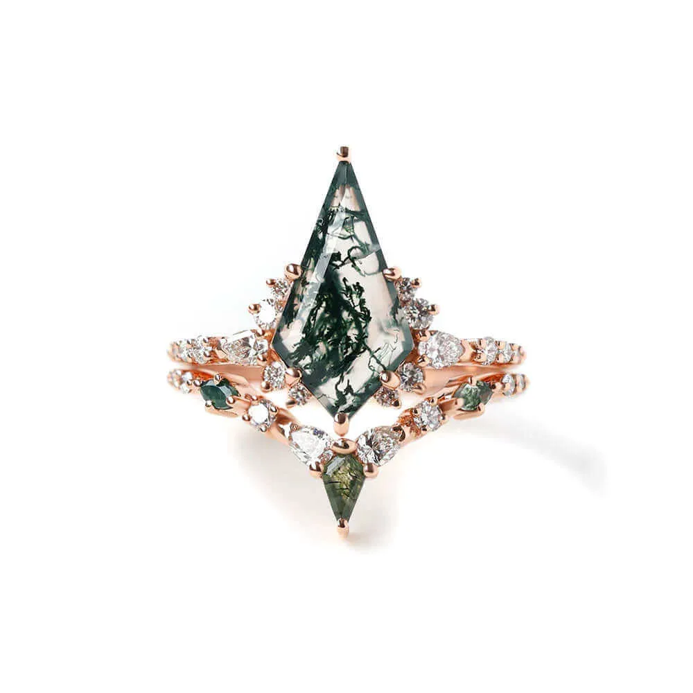 Trendolla 14K Gold Double Triangle Moss Agate And CZ Diamond Ring Set