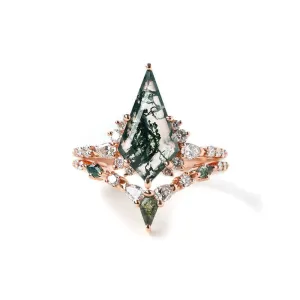 Trendolla 14K Gold Double Triangle Moss Agate And CZ Diamond Ring Set