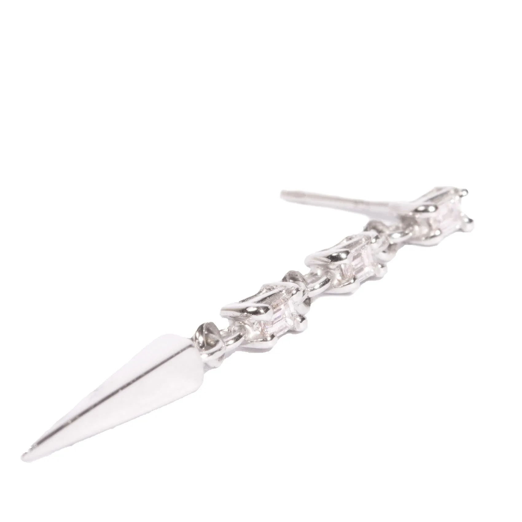 Triple 2mm White Diamond Baguette Dangle Pyramid Spike Stud Earring