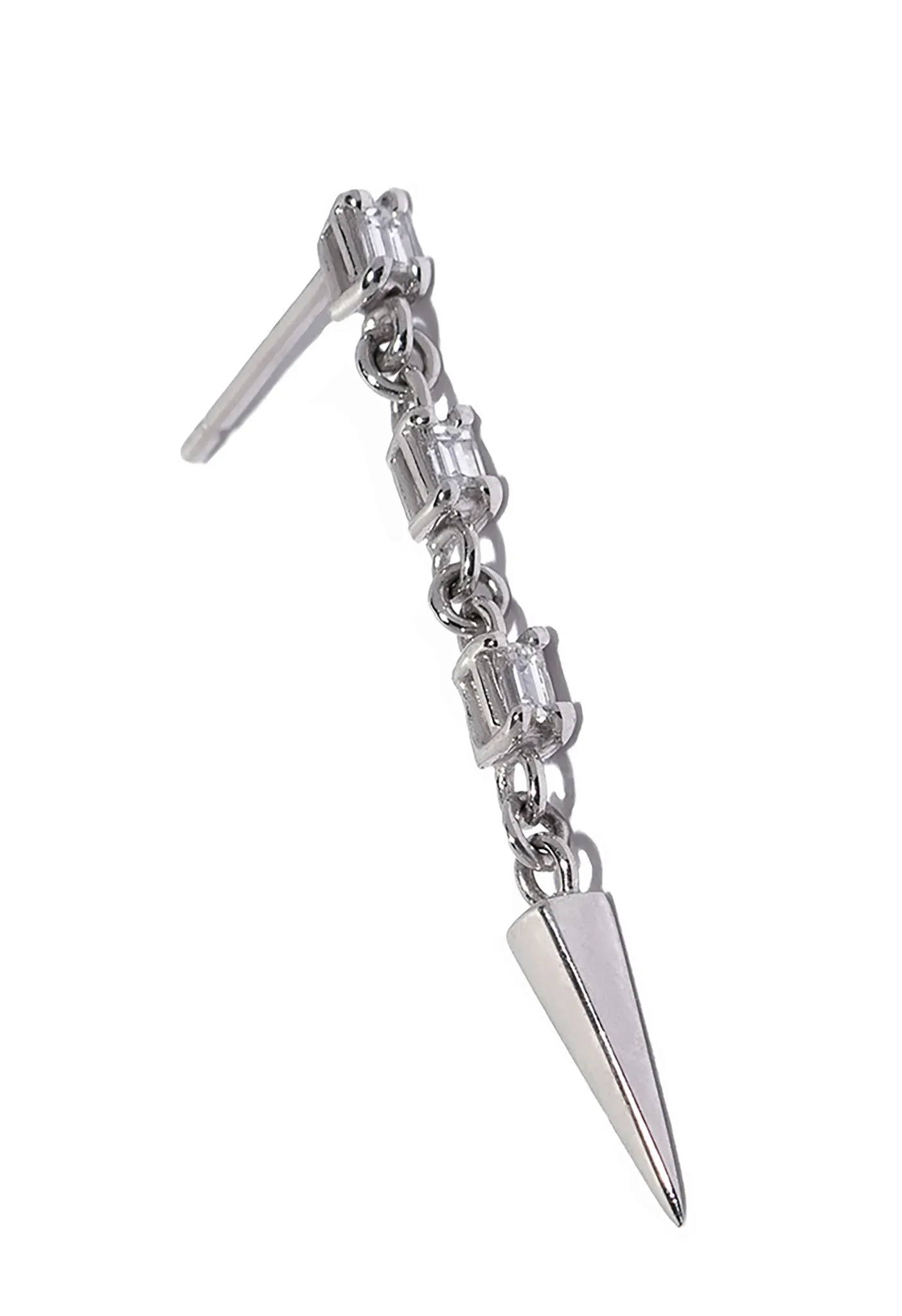Triple 2mm White Diamond Baguette Dangle Pyramid Spike Stud Earring