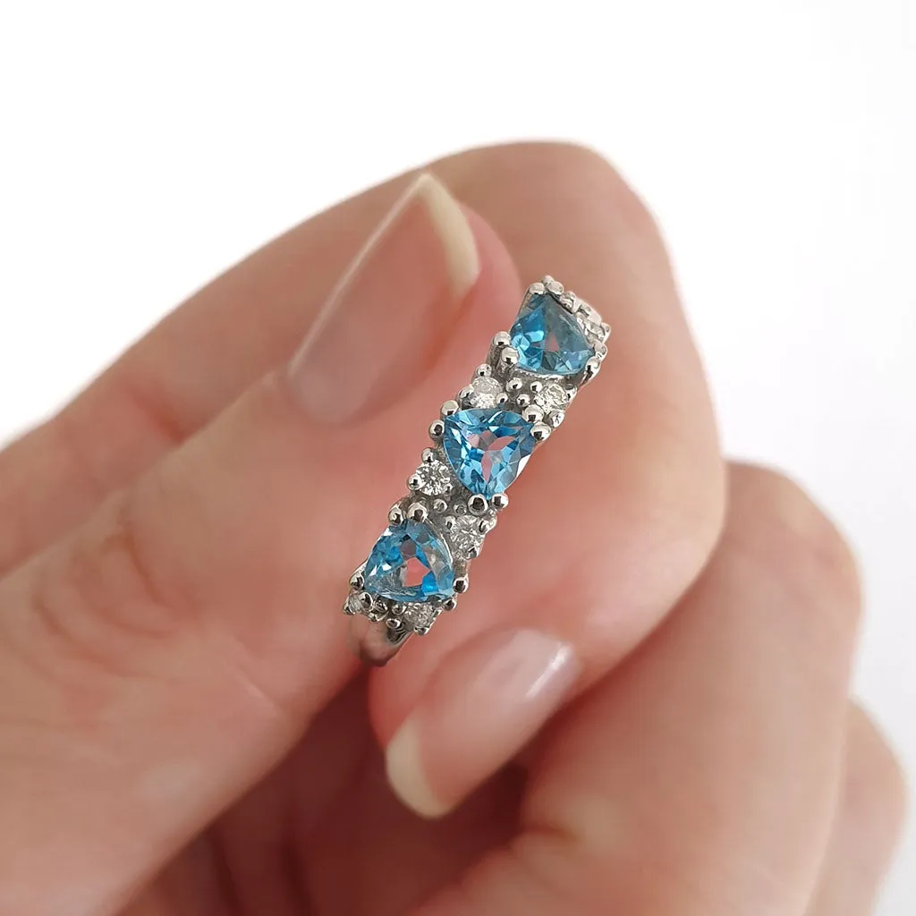 Triple Trilliant Cut Blue Topaz With Double Diamond Accents