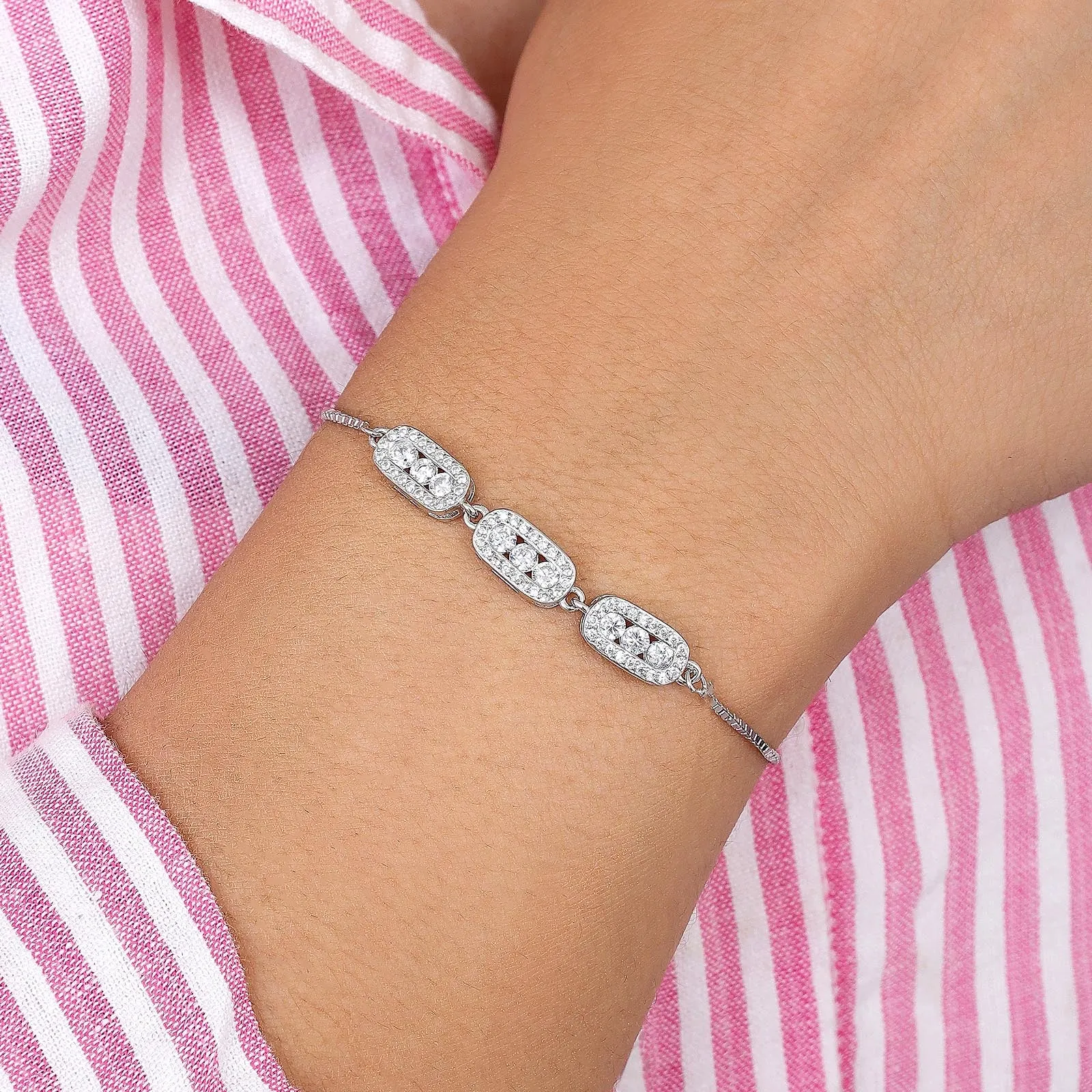 Tweov 925 Sterling Silver White Triple Zircon Chain Bracelet
