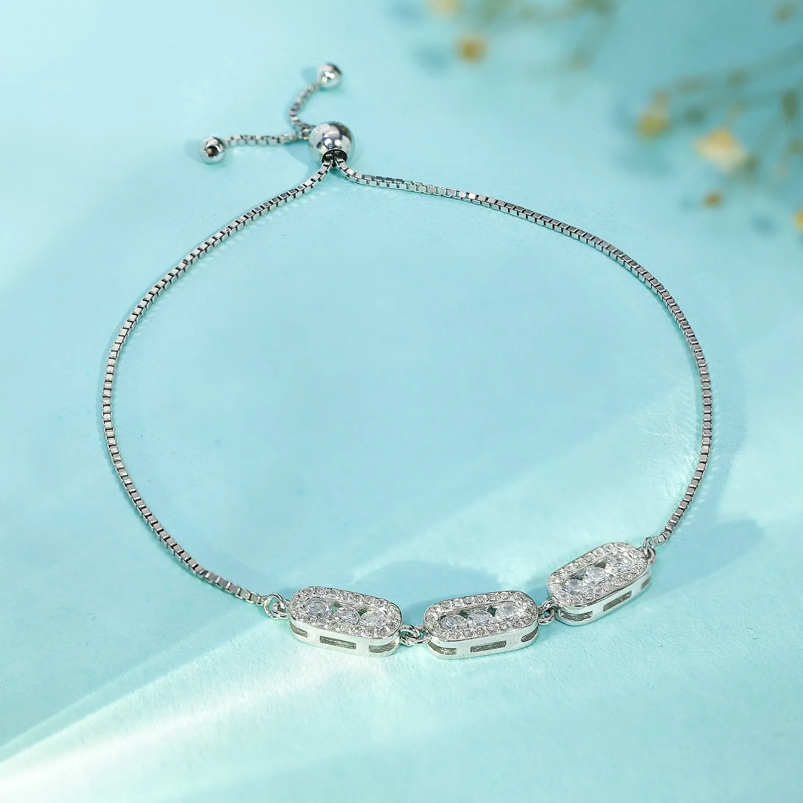 Tweov 925 Sterling Silver White Triple Zircon Chain Bracelet