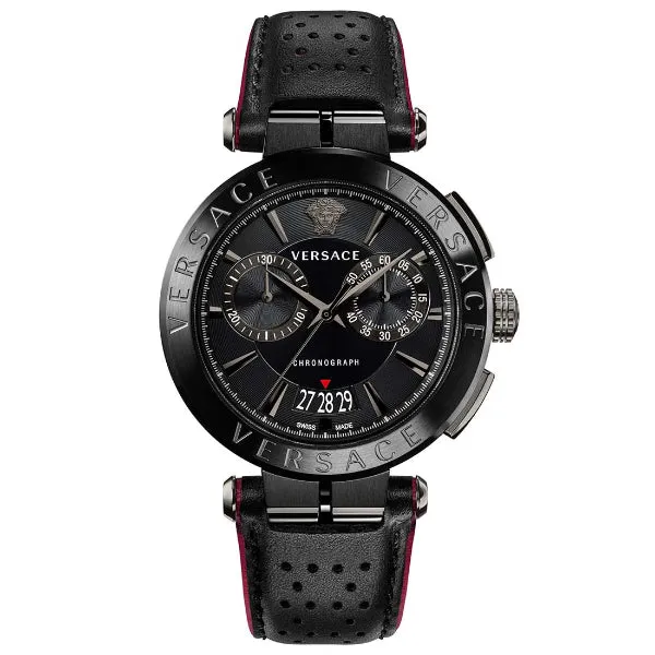 Versace Aion Black Leather Strap Black Dial Chronograph Quartz Watch for Gents - VBR 030017