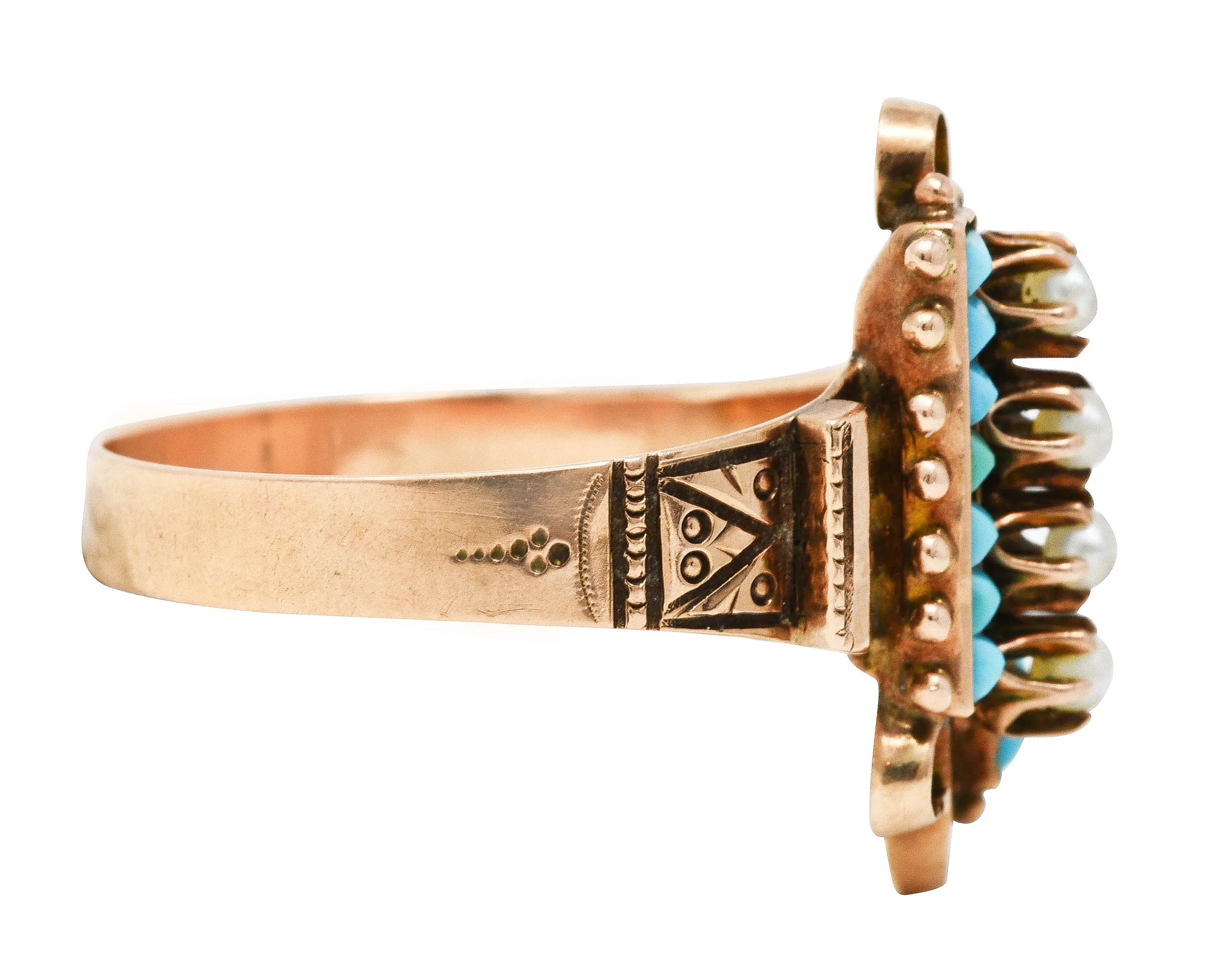 Victorian Etruscan Revival Pearl Turquoise 14 Karat Rose Gold Ring