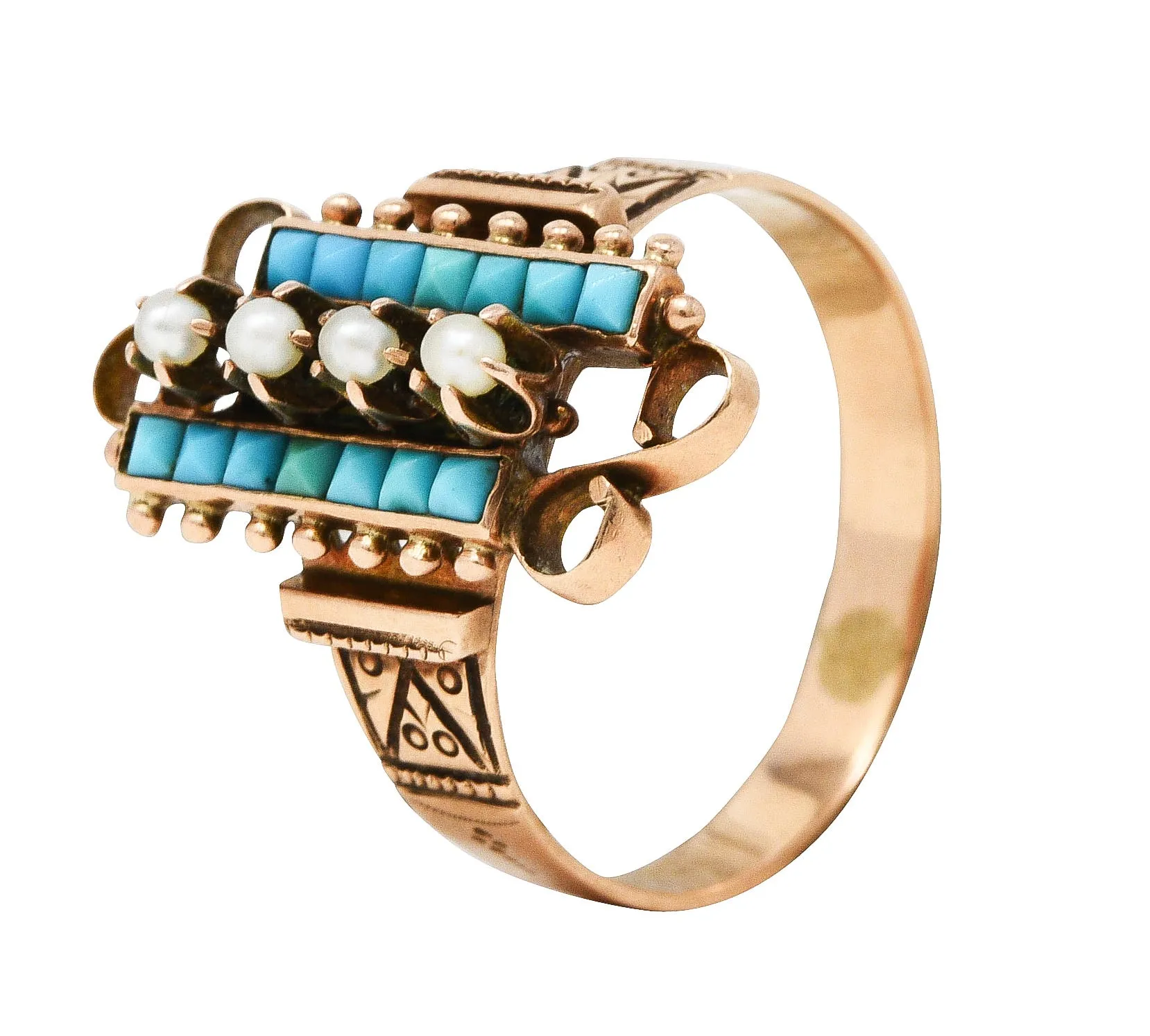 Victorian Etruscan Revival Pearl Turquoise 14 Karat Rose Gold Ring