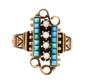 Victorian Etruscan Revival Pearl Turquoise 14 Karat Rose Gold Ring