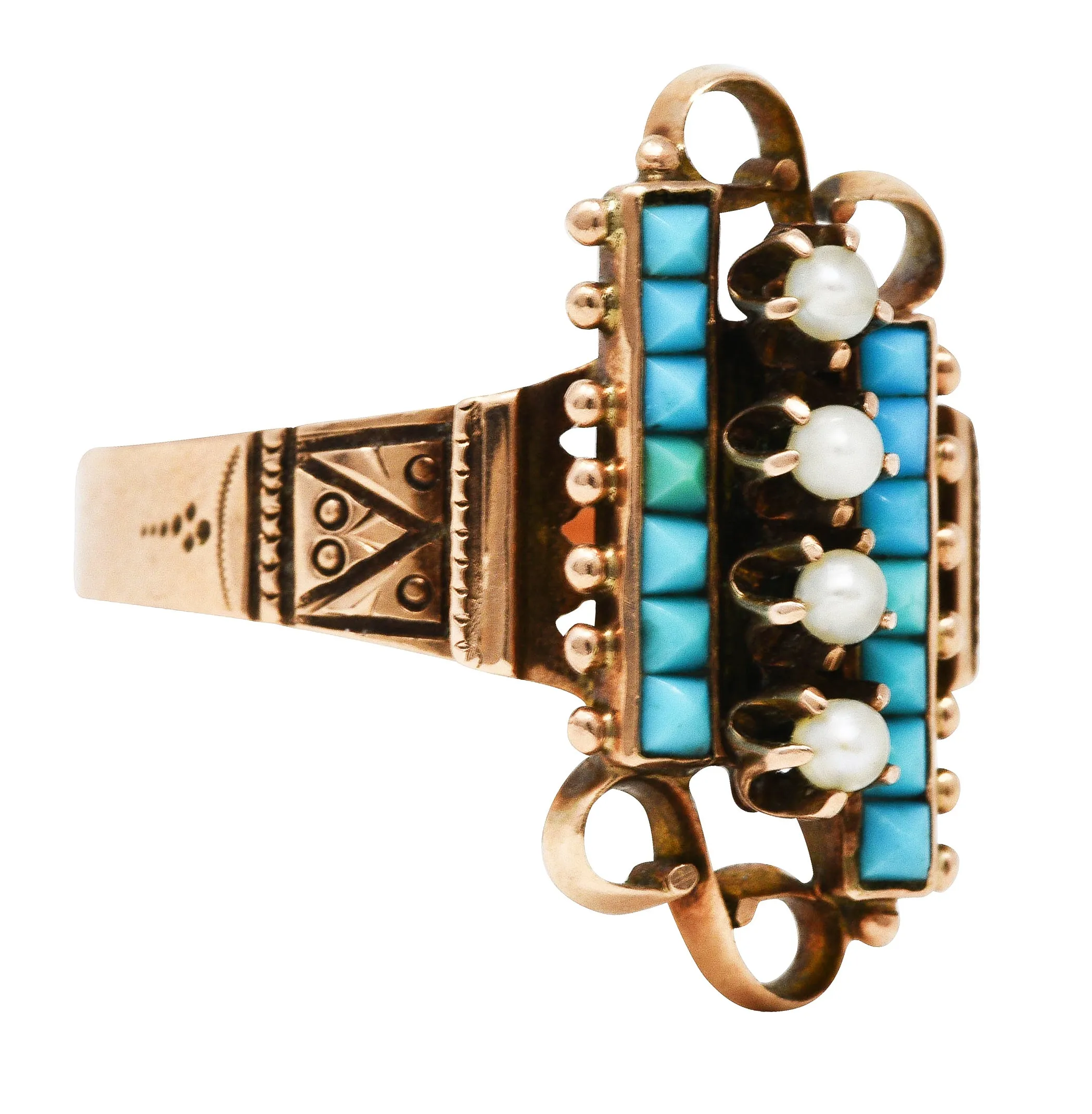 Victorian Etruscan Revival Pearl Turquoise 14 Karat Rose Gold Ring