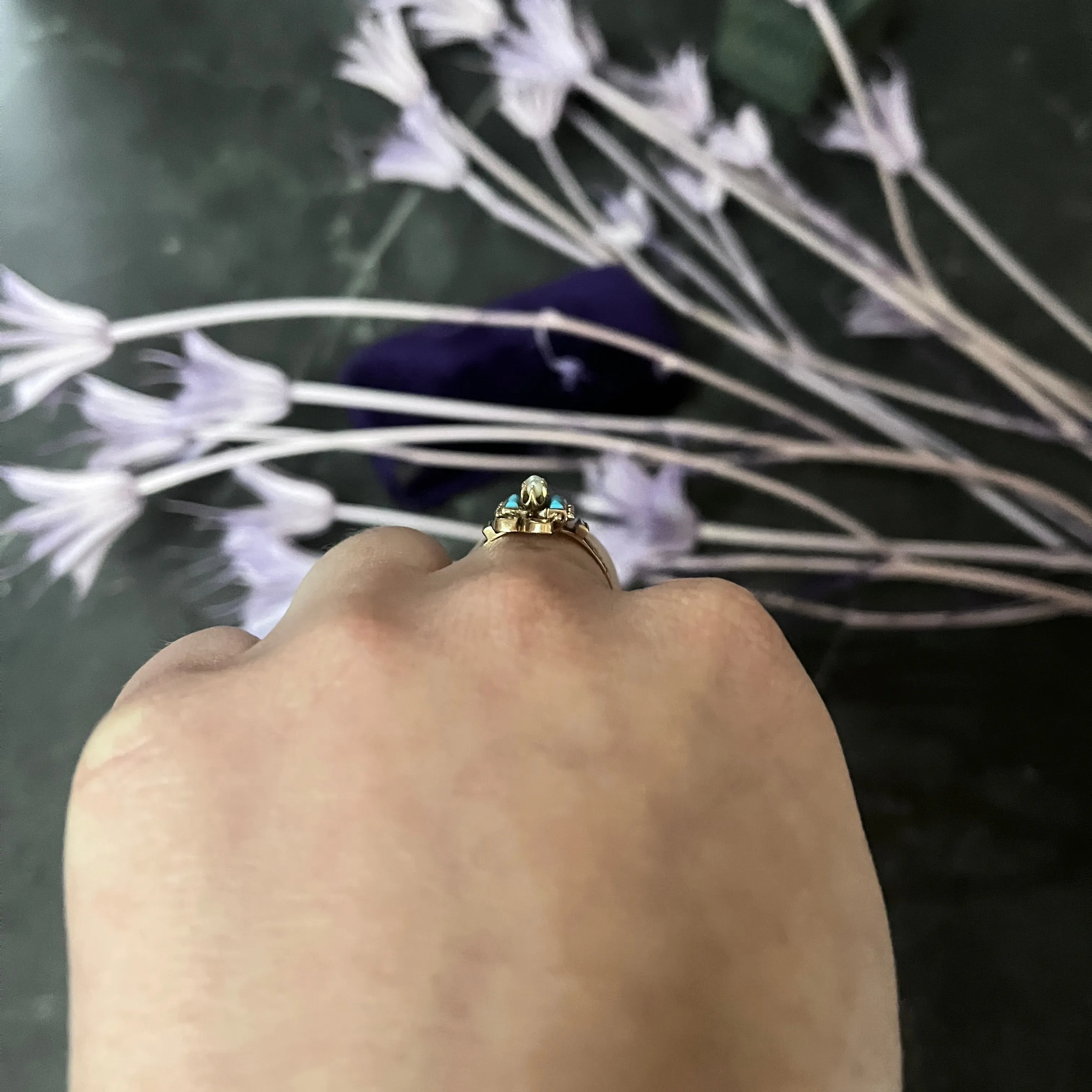 Victorian Etruscan Revival Pearl Turquoise 14 Karat Rose Gold Ring