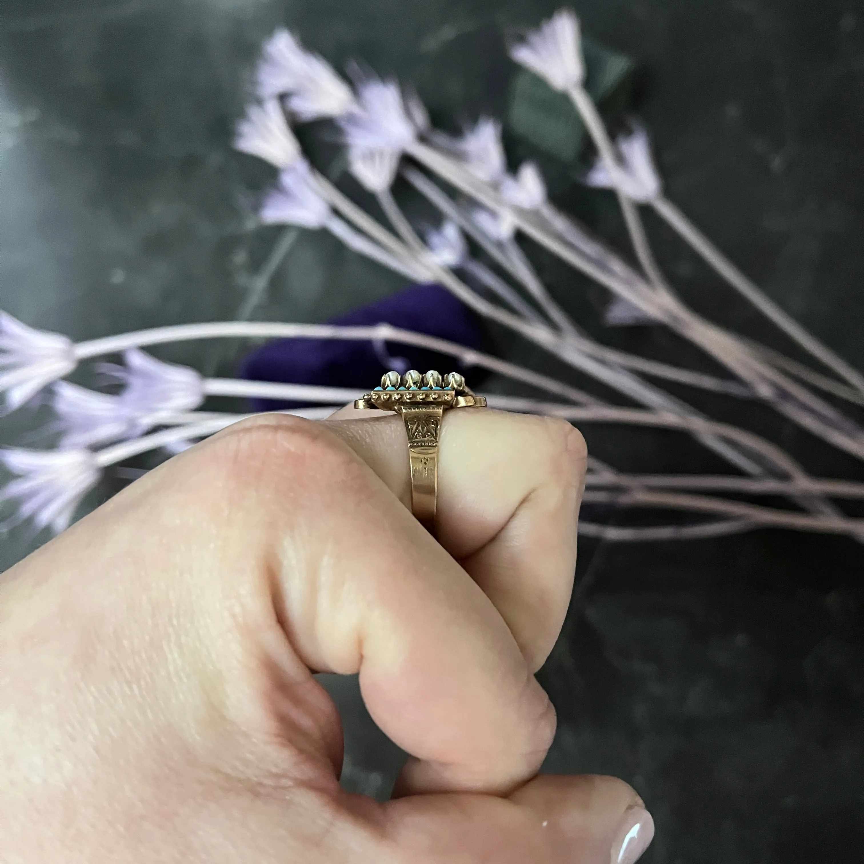 Victorian Etruscan Revival Pearl Turquoise 14 Karat Rose Gold Ring