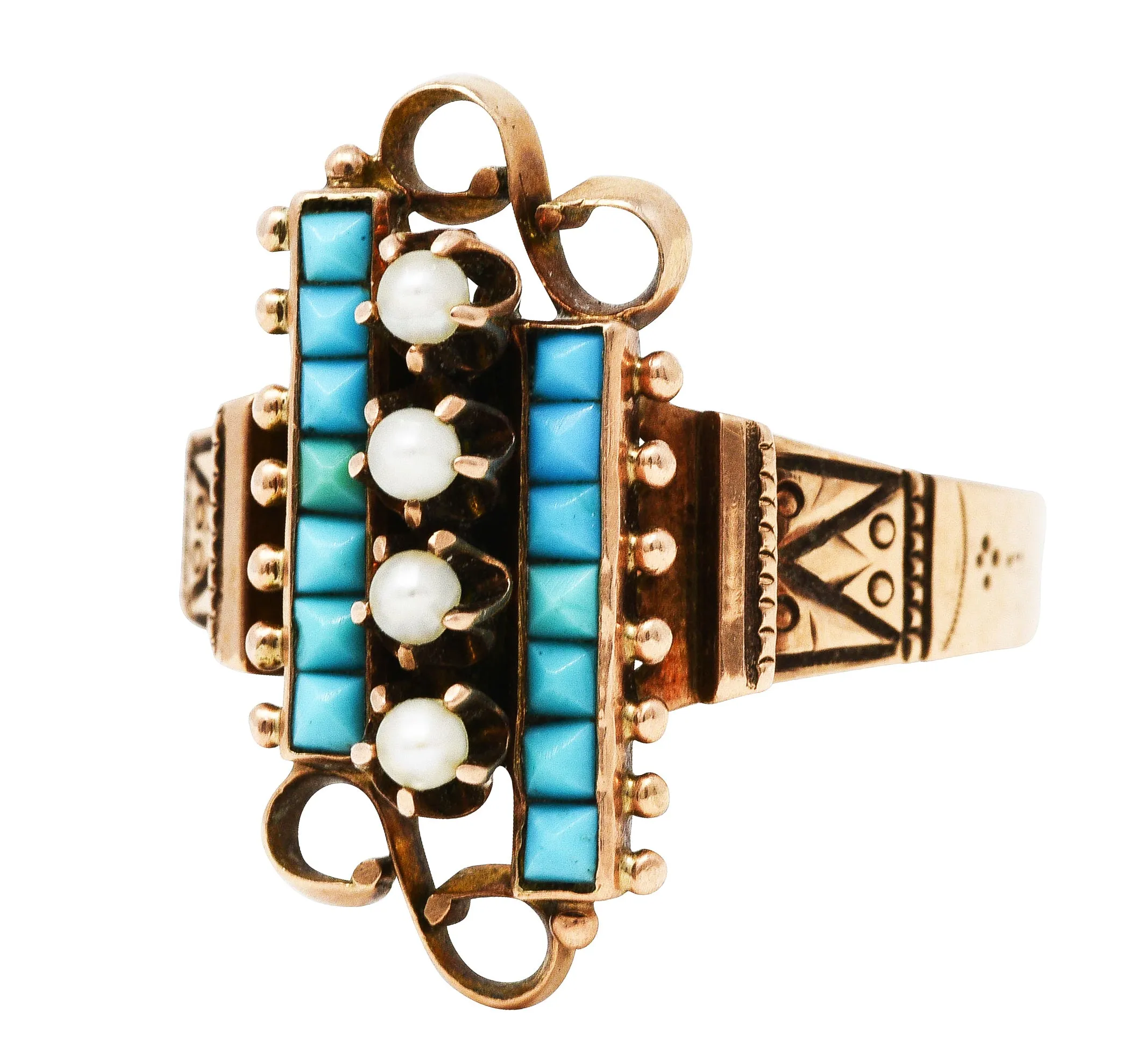 Victorian Etruscan Revival Pearl Turquoise 14 Karat Rose Gold Ring