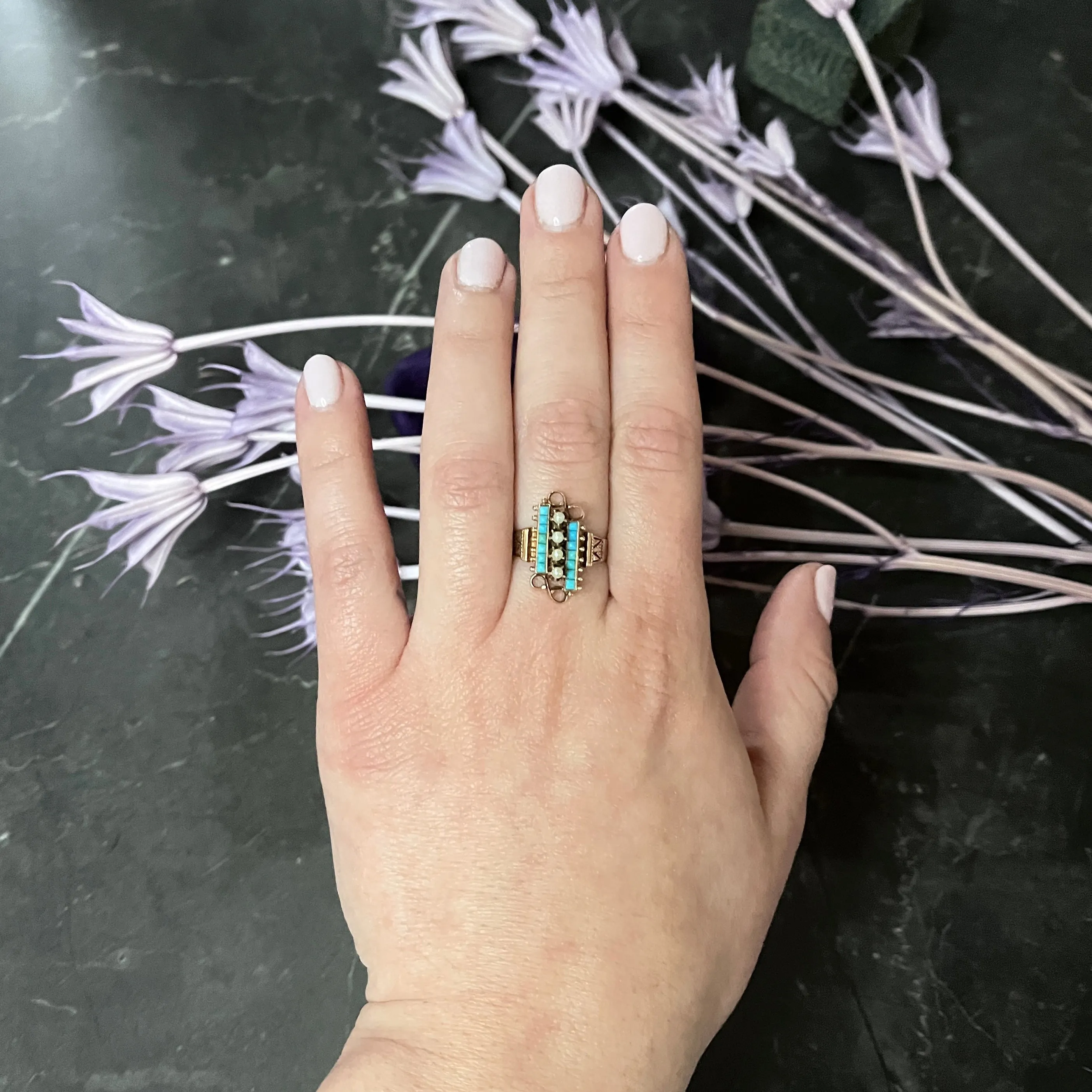 Victorian Etruscan Revival Pearl Turquoise 14 Karat Rose Gold Ring