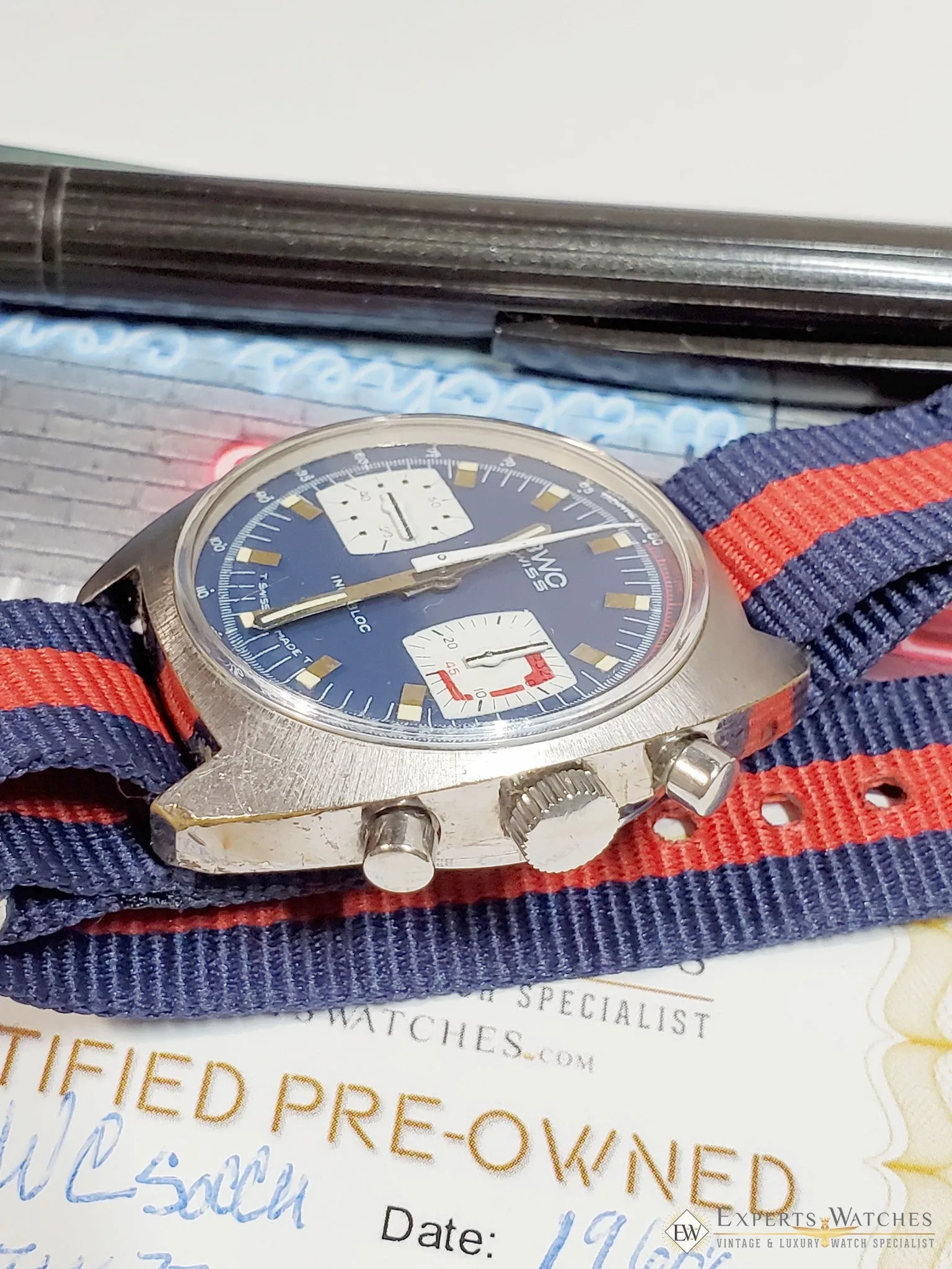 Vintage BWC Military Swiss Chronograph Watch Valjoux 7733 Blue Panda 1960 Soccer