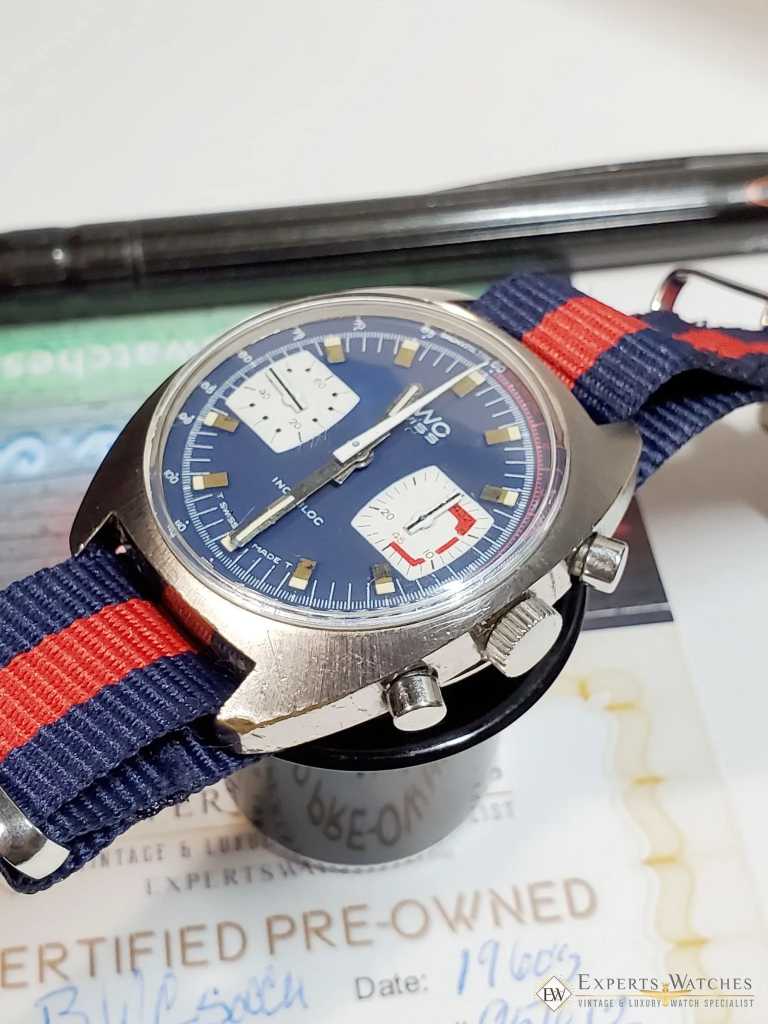 Vintage BWC Military Swiss Chronograph Watch Valjoux 7733 Blue Panda 1960 Soccer