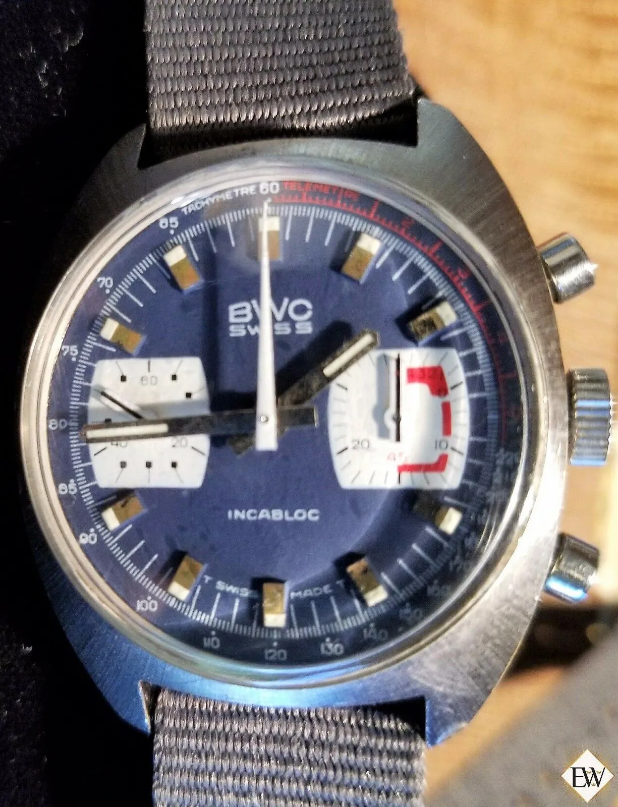 Vintage BWC Military Swiss Chronograph Watch Valjoux 7733 Blue Panda 1960 Soccer
