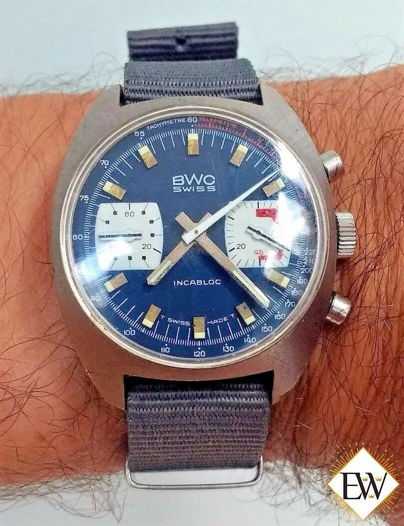 Vintage BWC Military Swiss Chronograph Watch Valjoux 7733 Blue Panda 1960 Soccer
