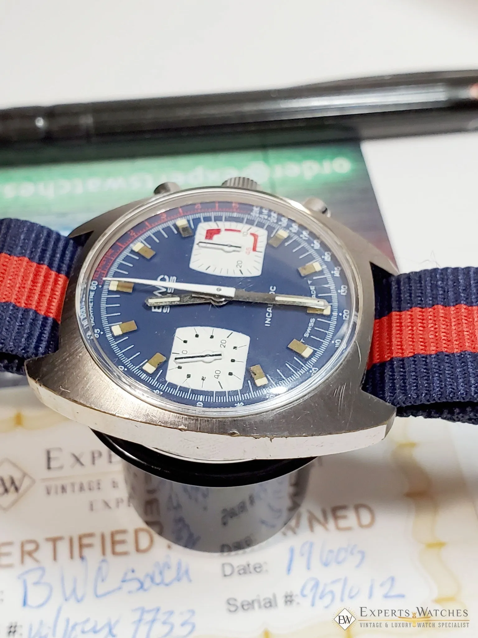 Vintage BWC Military Swiss Chronograph Watch Valjoux 7733 Blue Panda 1960 Soccer