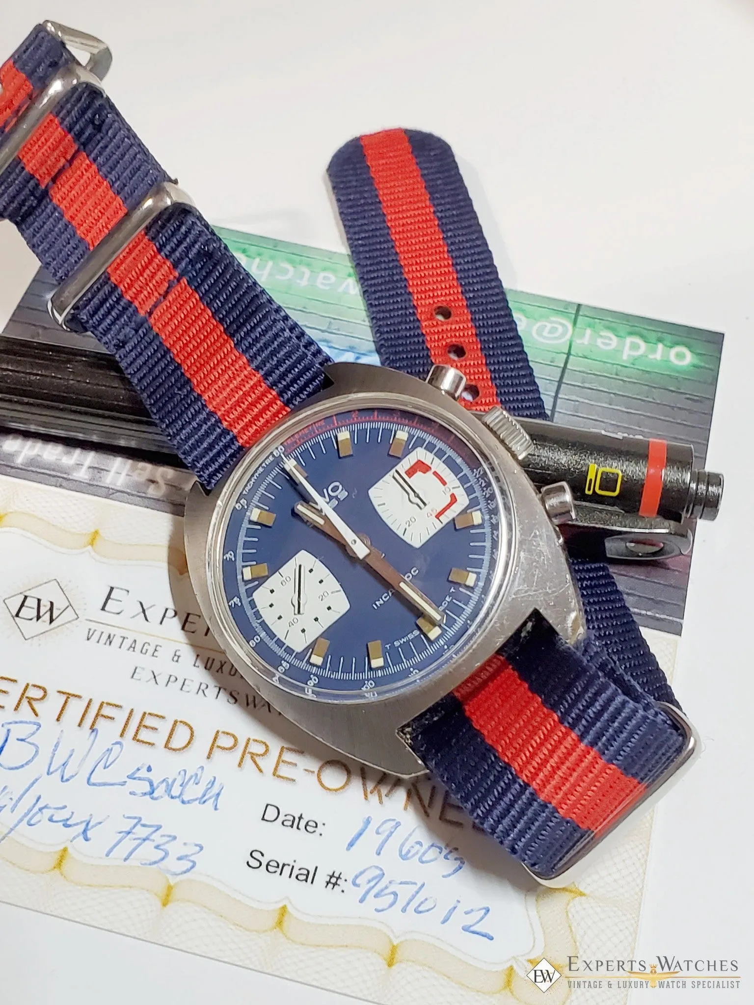 Vintage BWC Military Swiss Chronograph Watch Valjoux 7733 Blue Panda 1960 Soccer