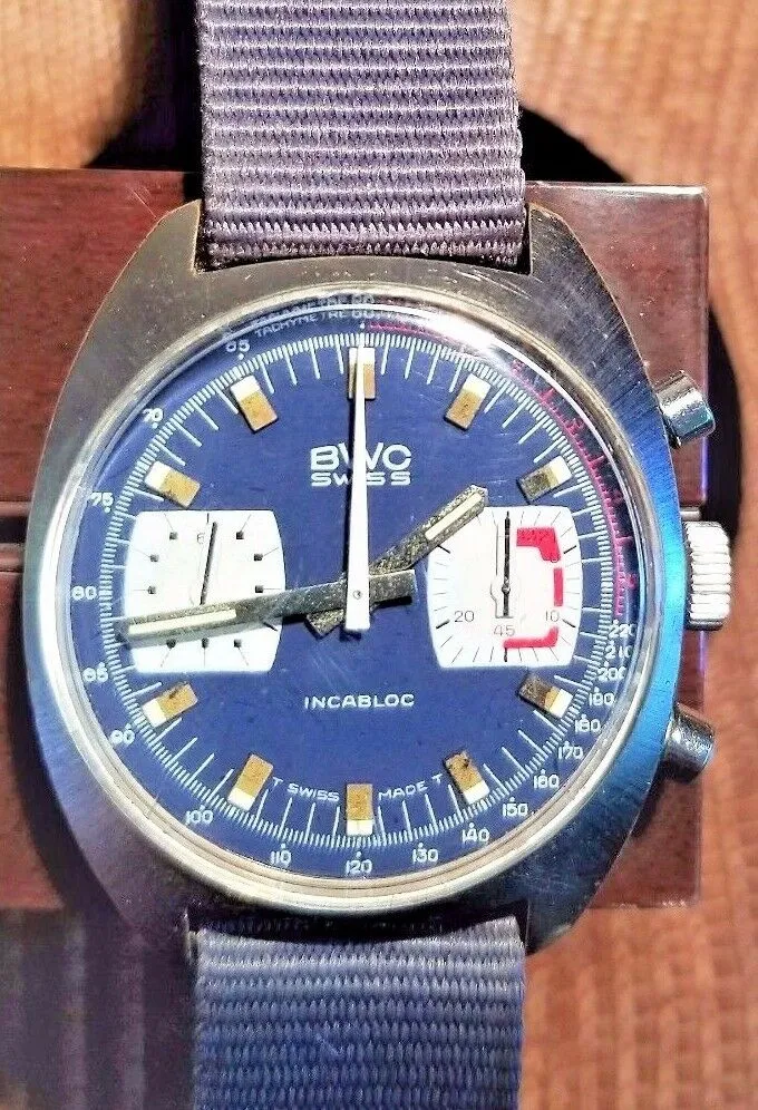 Vintage BWC Military Swiss Chronograph Watch Valjoux 7733 Blue Panda 1960 Soccer