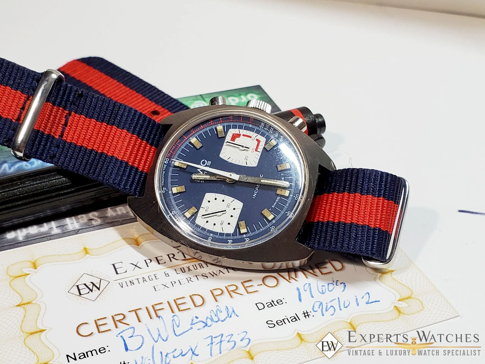 Vintage BWC Military Swiss Chronograph Watch Valjoux 7733 Blue Panda 1960 Soccer