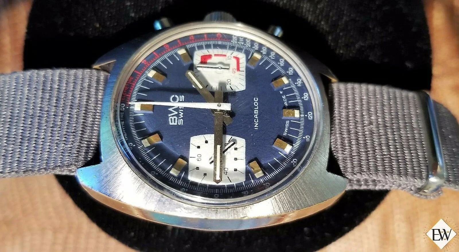 Vintage BWC Military Swiss Chronograph Watch Valjoux 7733 Blue Panda 1960 Soccer